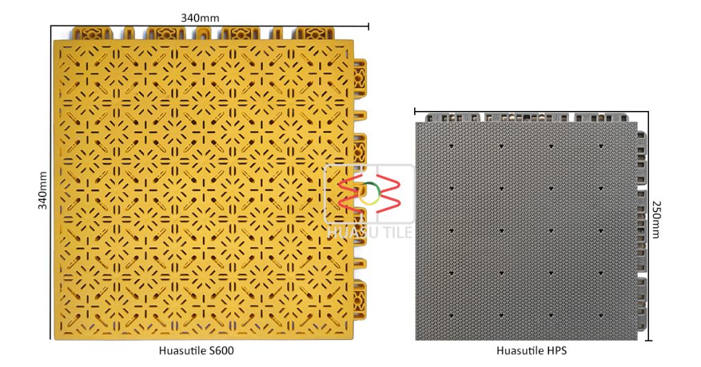 interlocking court tile sizes comparison 250mm and 340mm panels for multi sport court